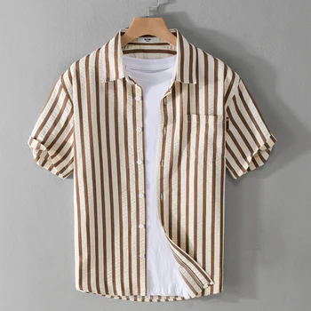2023, Новая мужская высококачественная полосатая рубашка с короткими рукавами, корейская версия модной повседневной хлопчатобумажной рубашки, простая молодежная рубашка