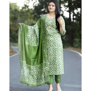 Зеленая Хлопчатобумажная ткань Kurti Palazzo, Индийские женские Шаровары Dupatta ручной работы