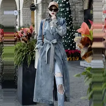 Джинсовый тренч SuperAen, женский весенне-осенний 2023, Новое модное длинное пальто высокого класса, куртка