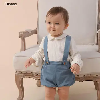 Испанский комплект детской одежды для девочек и мальчиков 2023, Хлопковая льняная блузка для новорожденных с шортами, костюмы, Рубашка с длинным рукавом, Верхняя одежда