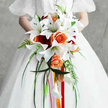Новые Свадебные Букеты цвета слоновой кости и Оранжевой Лилии, Аксессуары для букета цветов подружки невесты