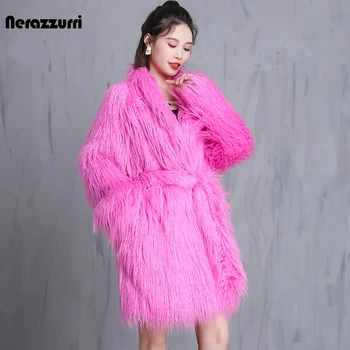 Нерадзурри Зимнее Ярко-Розовое Теплое Негабаритное Лохматое Пушистое Пальто Из искусственного Меха С Поясом, Стильное Цветное Свободное Корейское Пальто, Мода 2021