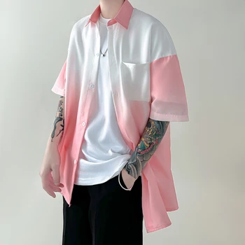 Летняя Свободная Мужская рубашка в цвет коллизии, Корейская повседневная рубашка с лацканами, большие размеры, Модные уличные топы в стиле Харадзюку