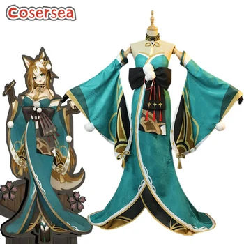Cosersea Game Genshin Impact Ms Hina Gorou Косплей Костюм Женское Кимоно Униформа Наряд на Хэллоуин Полный комплект Головных Уборов Синий костюм