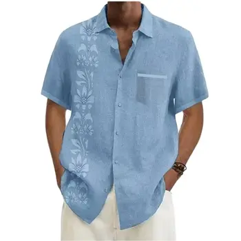 2023, Мужские рубашки с цветочным принтом, Повседневные топы с коротким рукавом, Рубашки с лацканами в стиле Хай-стрит, Летняя блузка, Мужские футболки
