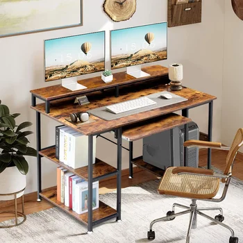 47-дюймовый промышленный компьютерный стол с полками и подставкой для процессора для домашнего офиса, винтажный коричневый игровой стол