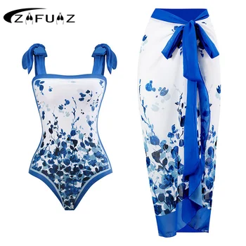 ZAFUAZ/ Цельный купальник с винтажным принтом, Комплект Женской пляжной одежды для отдыха в стиле ретро, Дизайнерский купальник, Летняя одежда для серфинга, Новинка 2023 года