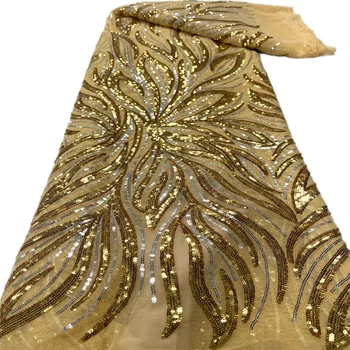 Африканская Французская Тюлевая Кружевная ткань 2023 г. Высококачественная Вышивка Золотыми Блестками Чистый Материал 5 ярдов для пошива свадебных платьев