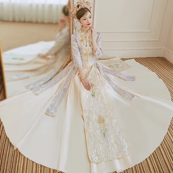 Шампанское, изысканное свадебное платье для пары с вышивкой бисером, элегантный свадебный комплект с воротником-стойкой, Чонсам Свадебное платье