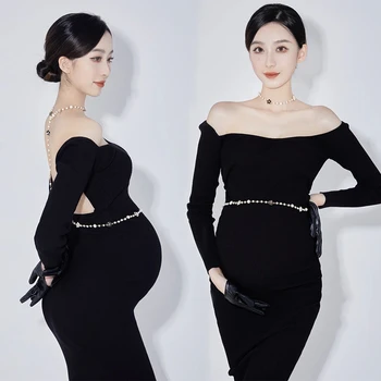 Женские платья для беременных, Черное Элегантное трикотажное платье для беременных с открытыми плечами, одежда для студийной фотосессии без шеи