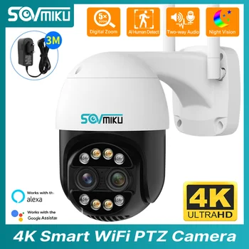 4K 8MP Двухобъективная Wifi Умная PTZ IP-камера 2.8 + 12 мм 8x Гибридный Зум Цвет Ночного Видения С Обнаружением Человека CCTV Видеокамера Видеонаблюдения