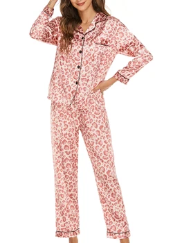 Женский Уютный пижамный комплект, стильная рубашка на пуговицах в горошек со звездами и леопардовым принтом, удобные длинные брюки - комплект для отдыха из 2 предметов