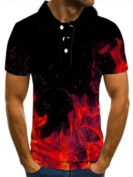 2023 Мужская рубашка поло с индивидуальным рисунком пламени, 3D печать, модные топы с короткими рукавами, забавная повседневная футболка, летняя одежда