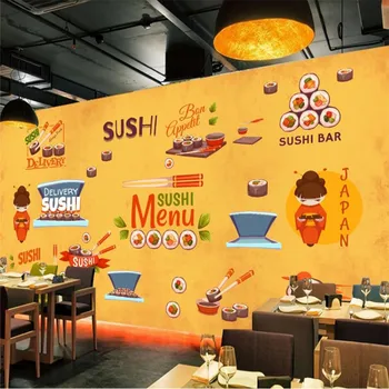 Изготовленный на Заказ Японский суши Ресторан Желтый Фон Настенные Обои 3D Мультфильм Тема Суши Меню Промышленный Декор Обои 3D