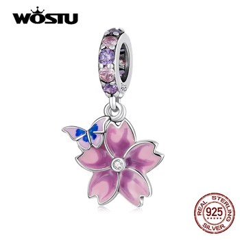 WOSTU, 925 Пробы, серебряная бабочка, розовый, фиолетовый Цветок, Подвеска из бисера, Оригинальный браслет, Ожерелье Для женщин, Ювелирные изделия C2185