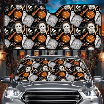 Хэллоуин Тыква Майкл Майерс с Рисунком Зомби Солнцезащитный Козырек для автомобиля Фирменный дизайн, Моющиеся чехлы для лобового стекла с УФ-печатью На заказ Изображение