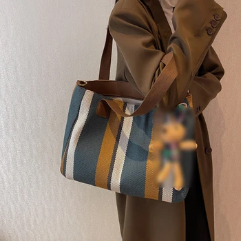 Женская сумка через плечо, полосатая холщовая портативная сумка Большой Емкости, Модная школьная Рабочая дорожная Женская сумка через плечо 2023