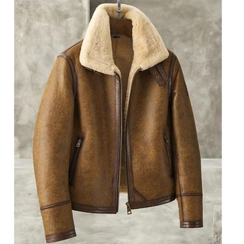 Мужская Куртка для Стрижки овчины с Лацканами, Короткая Кожаная куртка Винтажного коричневого цвета B3, куртка-бомбер