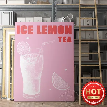 Меню холодных напитков Рецепты Настенные Принты Плакат, Эскиз чая со льдом и лимоном на холсте, Современный минималистичный декор для магазина десертов