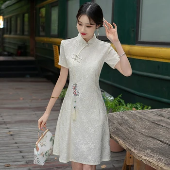 Китайское традиционное платье Ципао с коротким рукавом, женская одежда, Новый летний винтажный кружевной Чонсам
