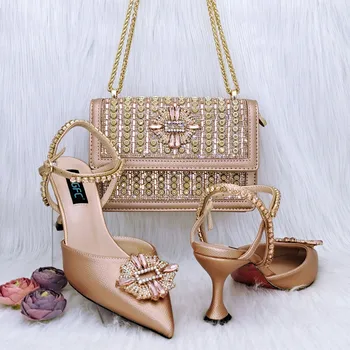 Новые поступления персикового цвета, женские туфли и сумка в африканском стиле в тон для вечеринки, комплект итальянских женских туфель и сумки на платформе для Свадьбы