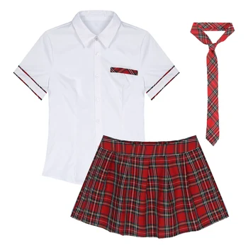 Женский Сексуальный костюм школьницы для косплея, школьная форма, 3 шт., рубашка с коротким рукавом, клетчатая мини-юбка и набор галстуков для тематической вечеринки