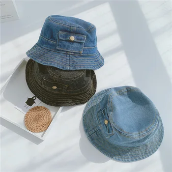 Выстиранная Джинсовая панама, Детская хлопковая Рыбацкая шляпа с широкими полями, Летняя Панама Для девочек и мальчиков, Солнцезащитная шляпа, Уличная Пляжная рыболовная кепка