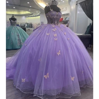 Элегантные Фиолетовые Пышные Платья Принцессы 2023 С Открытыми Плечами, Хрустальные Бусины, Бант, Vestidos De 15 Anos, Корсетные Вечерние Платья
