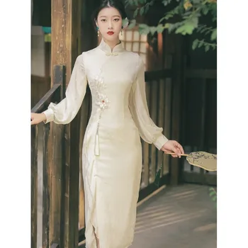 2022 Осеннее Китайское Национальное Кружевное Длинное модное платье Ципао в китайском стиле, Женское ретро-платье с вышивкой, Современное платье Ципао для вечеринки для девочек