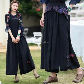 2023 китайский национальный стиль, новые вышитые атласные строчки, широкие брюки на шнуровке, свободные повседневные длинные женские китайские ретро брюки s179