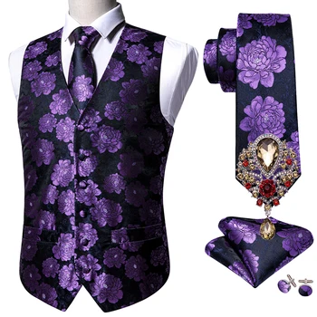 5 шт. Дизайнерский мужской свадебный костюм, жилет, фиолетовый цветочный жаккардовый шелковый жилет, броши для галстука, жилет, комплект Barry.Жених Ван