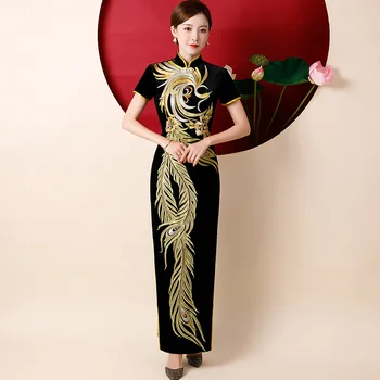 Yourqipao Подиум Cheongsam Длинная одежда для выступлений Cheongsams Новое Золотое Бархатное женское вечернее платье для мамы в китайском стиле