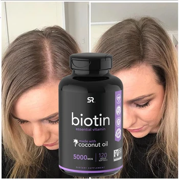 Добавка биотина для здоровой кожи и волос, 5000 мг, обогащенная кокосовым маслом, для роста волос, сияющей кожи и крепких ногтей
