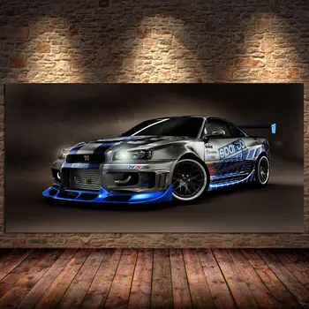 Плакаты Skyline GTR R34 Sport Car на холсте с декоративным Принтом, Настенная художественная живопись, Домашний декор для гостиной, Фотографии, украшения