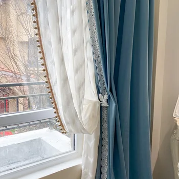 Французские романтические шторы для гостиной, Синий бархат, Непроливающиеся плотные шторы из Кортины, Спальня, Однотонные шторы на заказ