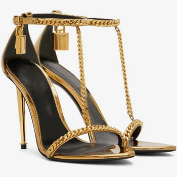 Золотые цепочки с Т-образным ремешком, металлический висячий замок, сандалии с металлическим замком, женские универсальные туфли на высоком каблуке с открытым носком, банкетные туфли с вырезами