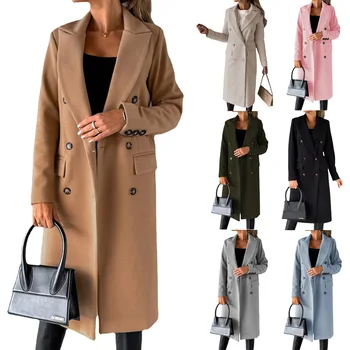 2023 Осень/Зима Новое женское Поло с длинными рукавами и воротником-стойкой, однотонное двубортное приталенное пальто
