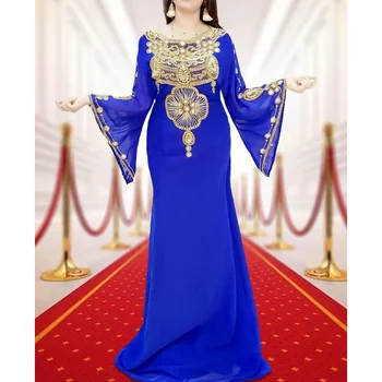 Синее Африканское Платье Fancy Abaya Dubai, Вечерние Женские Вышитые бисером Марокканские Модные Длинные Рубашки, Европейские и американские модные Тренды