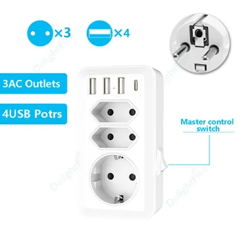 Электрические розетки ЕС с USB-блоком питания, 3 порта, настенная розетка с управлением Swtich, стандартный удлинитель питания, штекерный адаптер
