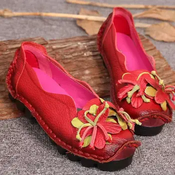 Осенняя Новая Красная мягкая обувь с цветочным рисунком на плоской подошве, Повседневные сандалии в стиле ретро с цветами, женская обувь из натуральной кожи