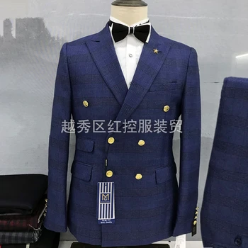 2023 Модный новый мужской бутик для отдыха, двубортный клетчатый деловой костюм, брюки, комплект из двух предметов, платье, блейзеры, куртка, брюки