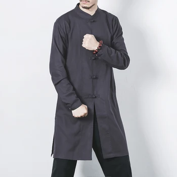 Традиционные Национальные костюмы в Китайском стиле, Новая Мужская куртка средней длины с пряжкой, Однотонное пальто с длинными рукавами, рубашка Hanfu, накидка