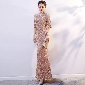 Новое Роскошное Платье для танцев Cheongsam с блестками и длинной Вилкой, Элегантное Сексуальное Облегающее Модное платье Qipao, Новинка