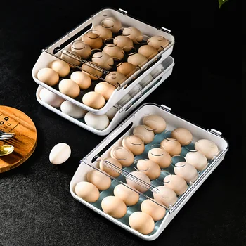 Новая автоматическая коробка для яиц с завальцовкой Кухонные принадлежности Холодильник Органайзер для хранения Бытовой Прозрачный Выдвижной лоток Экономия пространства