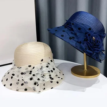 Новая Модная Элегантная Цветочная Шляпа Из Органзы В Горошек, Сетчатая Церковная Шляпа Для Женщин, Складная Шляпа Для Свадебной Вечеринки, Летняя Пляжная Защита От Солнца