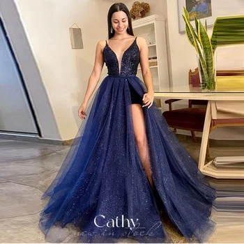 Темно-синее вечернее платье Cathy Glitter, Милое платье для выпускного вечера трапециевидной формы, Сексуальное праздничное платье с разрезом сбоку, Блестящее вечернее платье