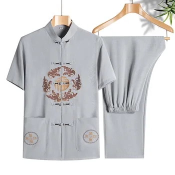 Ретро вышивка Hanfu Рубашка с коротким рукавом Длинные брюки Мужская хлопчатобумажная льняная одежда Kong Fu Традиционный китайский костюм с вышивкой