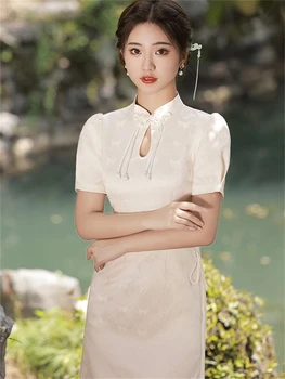 Женское модное традиционное китайское платье Ципао с коротким рукавом, улучшенное мини-платье Чонсам