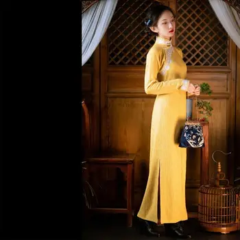 Осенне-зимняя новинка, Милая женская одежда из тонкого трикотажа с кружевным краем, Улучшенные платья на каждый день в стиле Китайской Республики