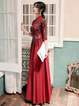 Элегантная Винтажная Бордовая Одежда для Тостов в китайском стиле с Длинной Кисточкой, Изысканные Вечерние платья с блестками